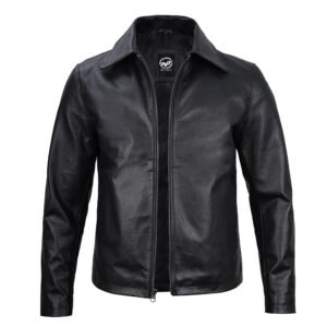 Men’s Shirt Collar Black Cowhide Leather Jacket