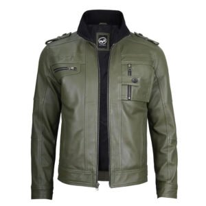 Men’s Military Green Leather Moto Jacket