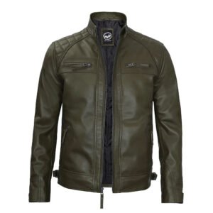 Men’s Quilted Military Green Cafe Racer Leather Jacket