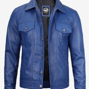 Men's Royal Blue Genuine Leather Trucker Jacket