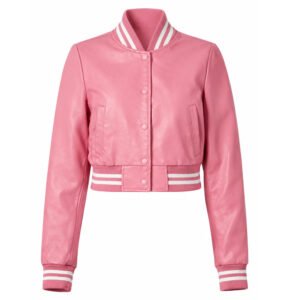 Women’s Pink Leather Varsity Bomber Jacket