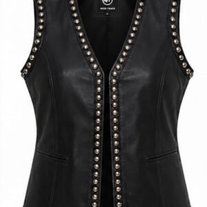 Woman Black Genuine Leather Studded Vest