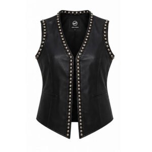 Woman Black Genuine Leather Studded Vest