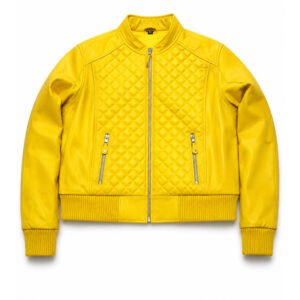 Woman's Yellow Quilted Leather Bomber Jacket