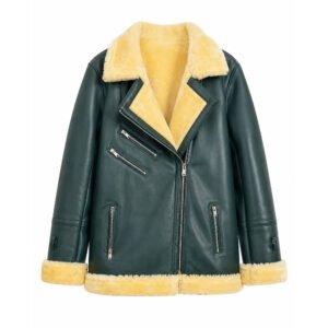 Premium Green Shearling Leather Jacket with Faux Fur Collar