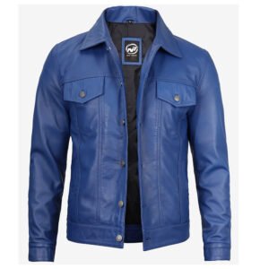 Men's Royal Blue Genuine Leather Trucker Jacket