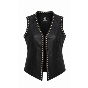 Woman Black Genuine Leather Studded Vest