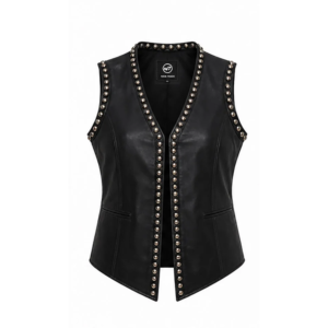 Woman Black Genuine Leather Studded Vest