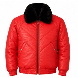 Men’s red Leather Puffer Coat with Black Fox Fur Collar