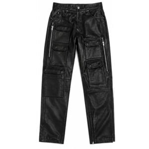 Black Leather Cargo Pants Zip Pocket Design