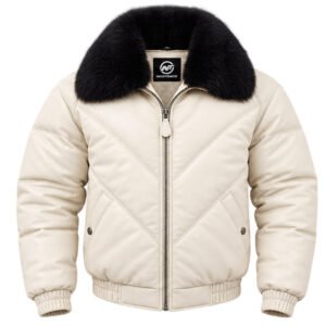 Men’s Premium Cream Leather Jacket with Black Fur Collar