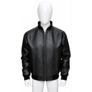 Men’s Black Embossed Snake Skin Leather Bomber Jacket