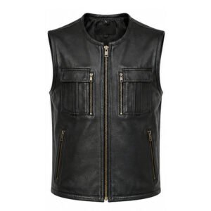 Black Leather Multi-Pocket Utility Vest
