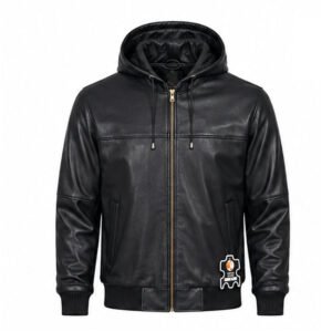 Men’s Black Genuine Leather Hooded Bomber Jacket