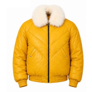 Men's Leather Puffer Jacket with Faux Fur Collar