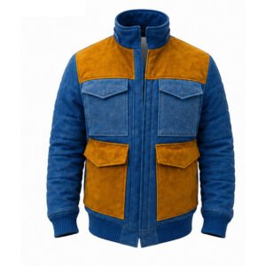 Men's Blue & Mustard Genuine Leather+Denim Utility Bomber Jacket
