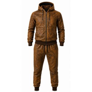 Vintage Brown Leather Hoodie Tracksuit Set