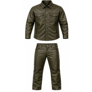 Olive Green Leather Shirt & Pants Set