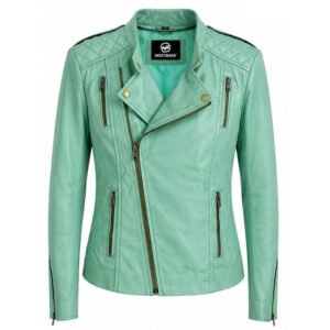 Women’s Mint Green Leather Biker Jacket