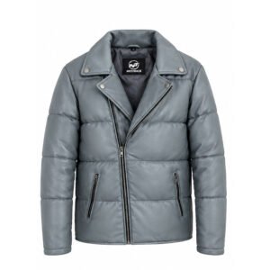 Men’s Winter Grey Leather Puffer Jacket