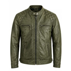 Men’s Olive Green Quilted Leather Biker Jacket