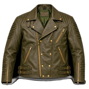 Olive Green Leather Biker Jacket with Ribbed Details
