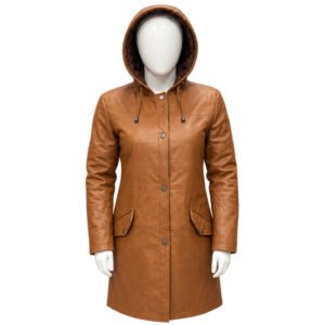 Women’s Tan Brown Genuine Leather Hooded Long Jacket