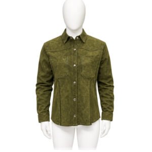 Women’s Olive Green Suede Leather Button-Up Jacket