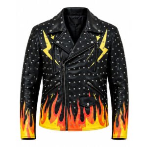 Men’s Black Studded Leather Biker Jacket with Flame Print & Lightning Bolt Design