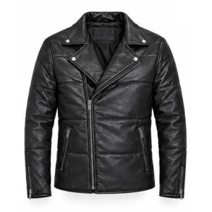 Men’s Black Genuine Leather Puffer Biker Jacket