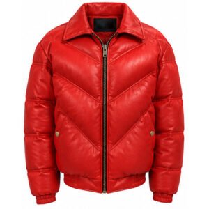 Men’s Red V-Bomber Leather Puffer Jacket