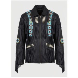 Men’s Western Black Leather Fringe Jacket with Beaded Details