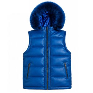 Blue Genuine Leather Puffer Vest with Fur Hood