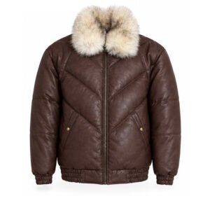 Men’s Brown Leather Bomber Jacket with Cream Fur Collar