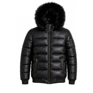 Men’s Black Genuine Leather Puffer Jacket with Removable Fur Hood