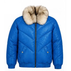 Men’s Royal Blue Leather Bomber Jacket with Fur Collar